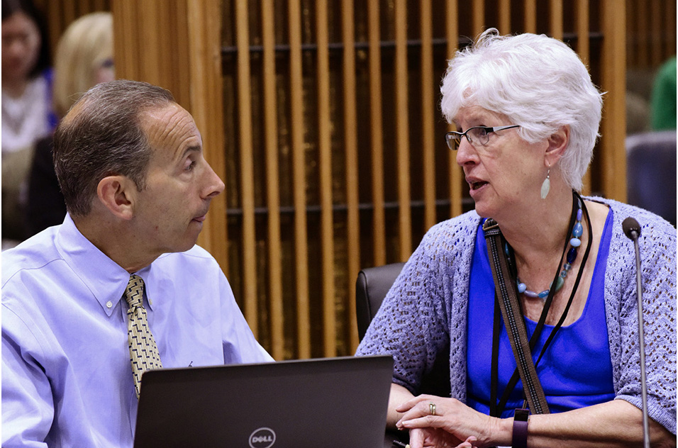 Sally Darney sitting to the right of Darryl Zeldin while they converse.