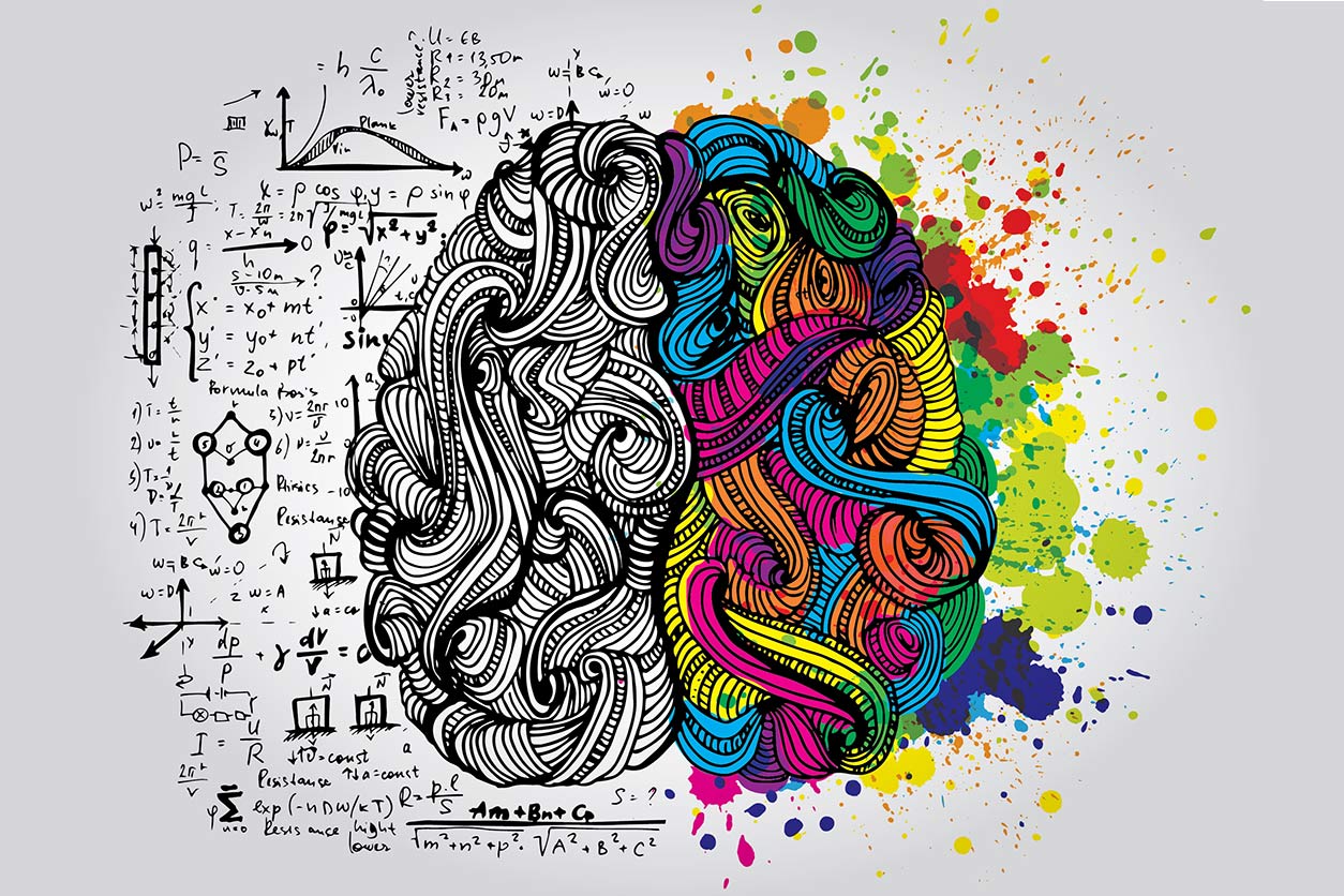 illustration of one half of brain colored, one half computing algorithms