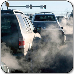 Graphic of research by NIEHS Schurman Garantziotis including woman using inhaler, cars with smog and gene variations