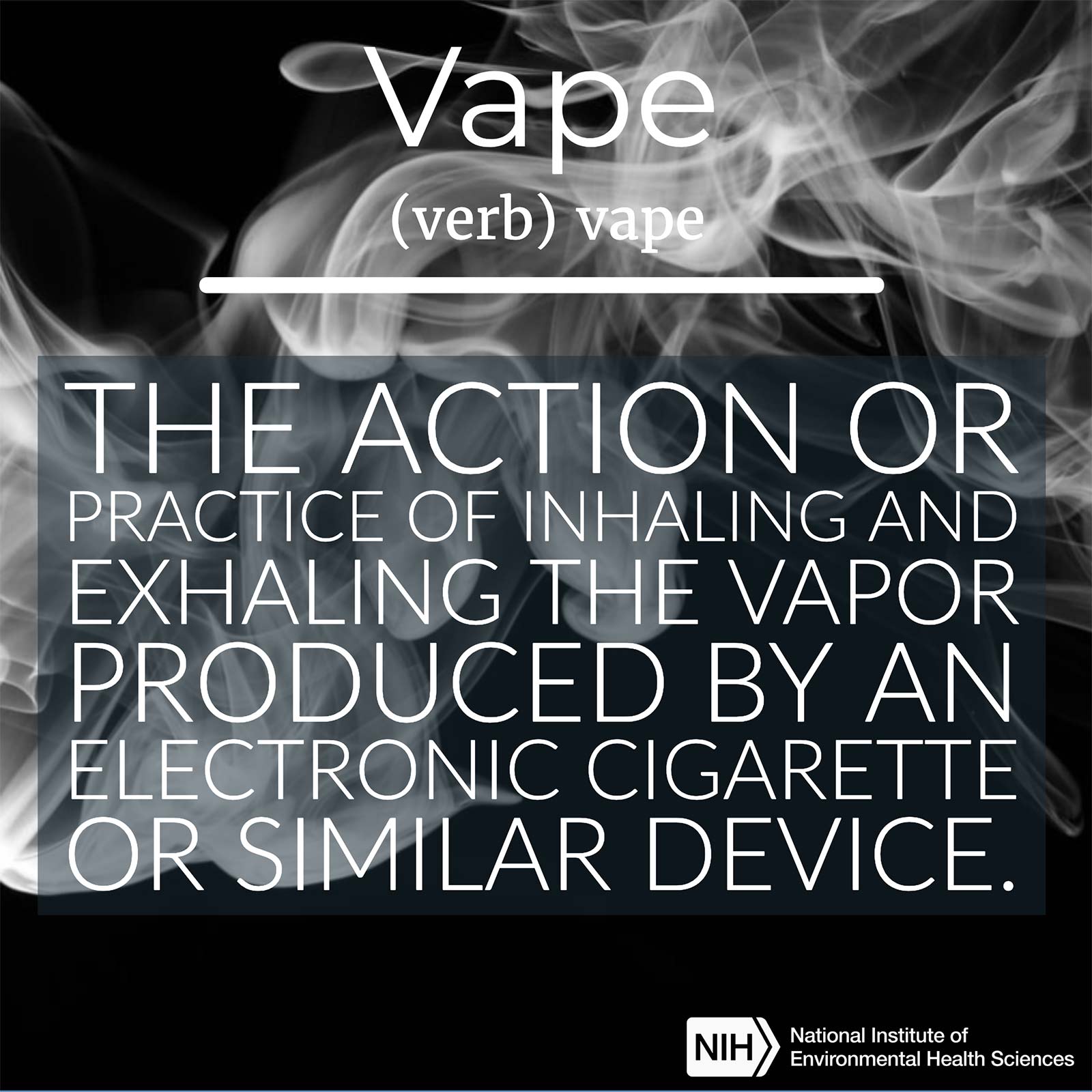 Vape (verb) defined as 'The action or practice of inhaling the vapor produced by an electronic cigarette or similar device'