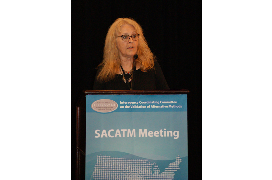 Suzanne Fitzpatrick, Ph.D. at podium of SACATM Meeting