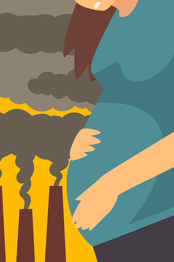 pregnant woman with hands on belly and smokestacks in background graphic