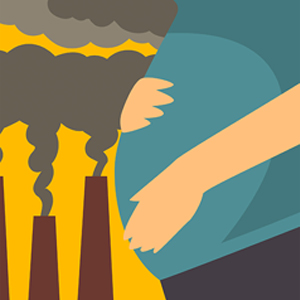 pregnant woman with hands on belly and smokestacks in background graphic