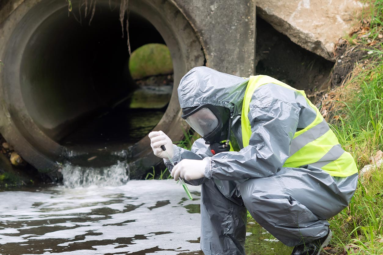person in protective suit taking a water sample