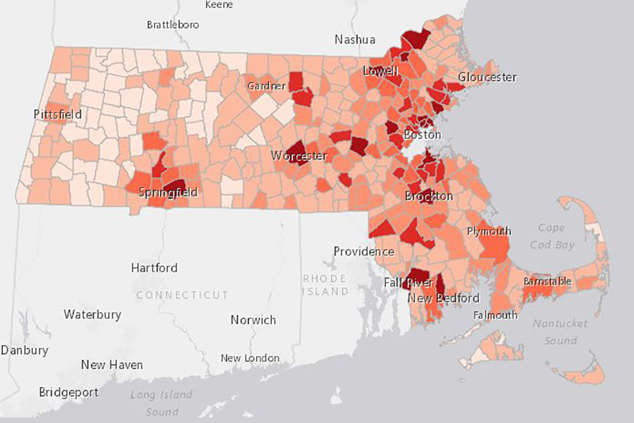 map showing cumulative confirmed COVID-19 cases in MA by city on May 20, 2020