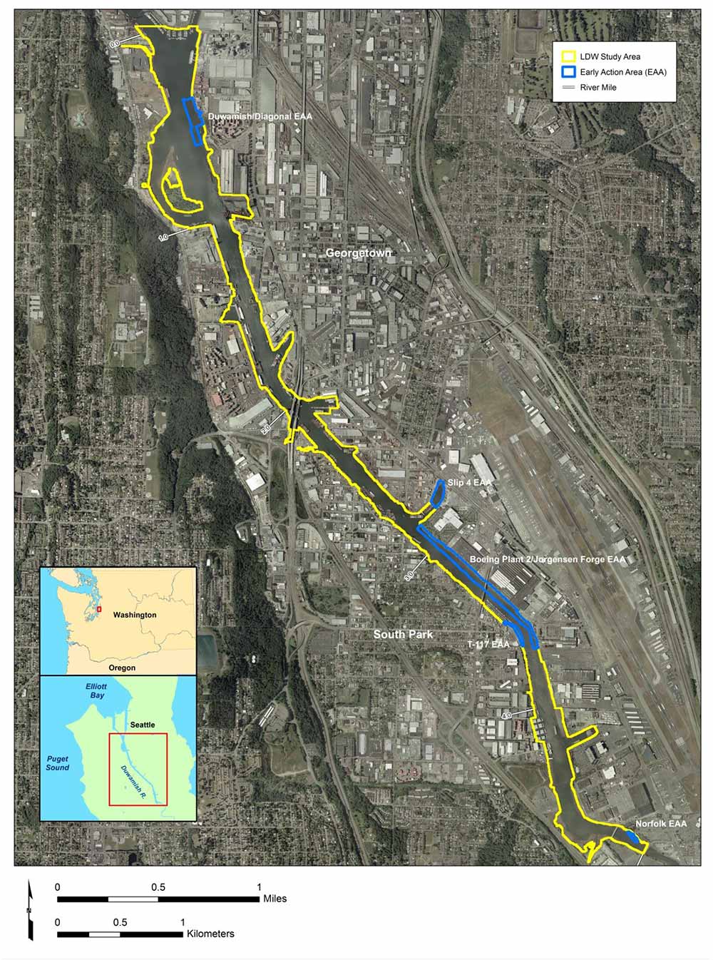 map of lower Duwamish Waterway with Superfund study area highlighted in yellow