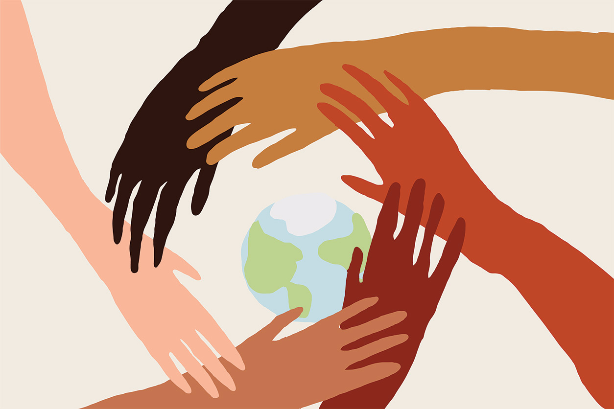 Illustration of hands with different skin color holding each other forming a circle over the globe