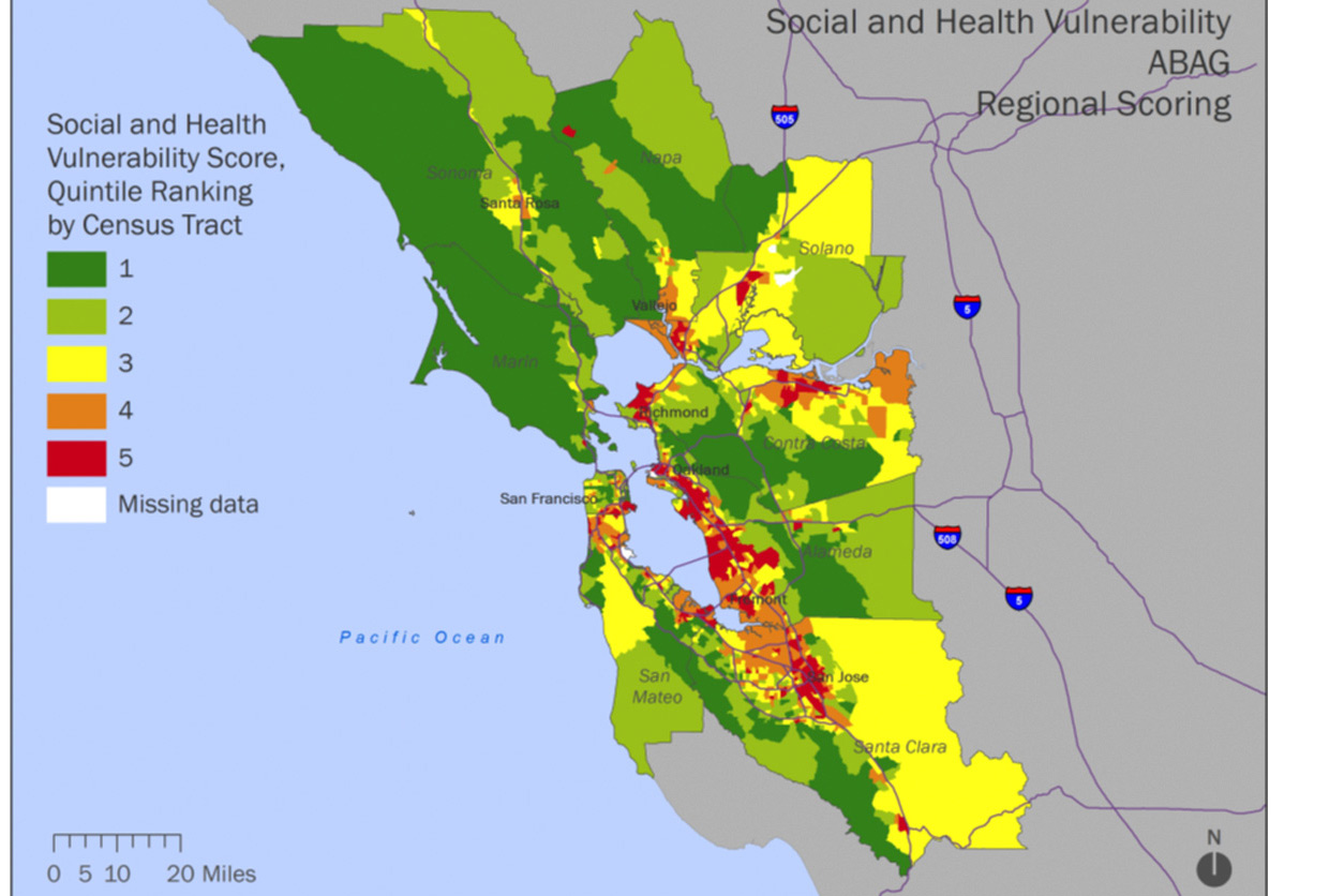 Social and health vulnerability ABAG regional score for some counties in CA