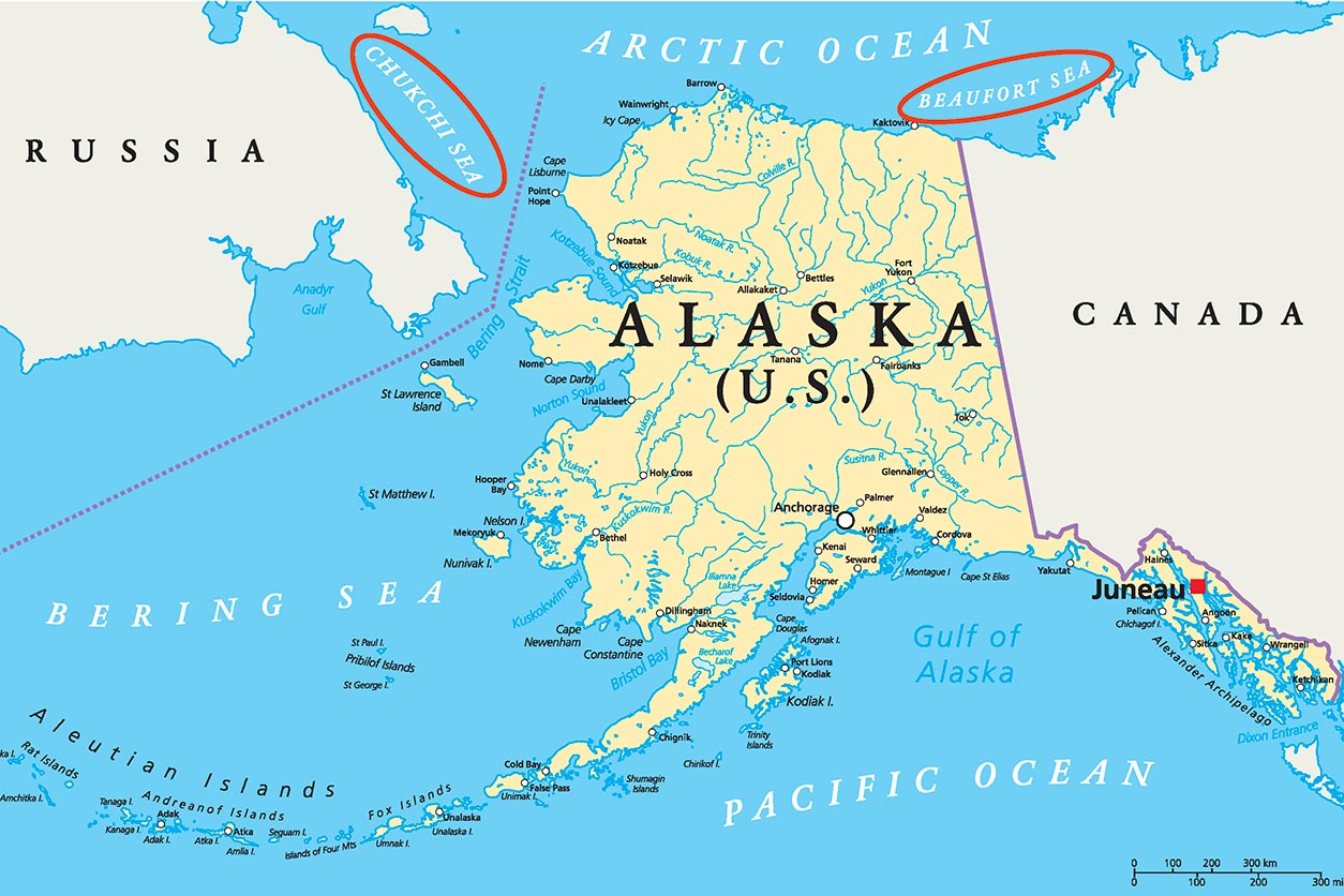 map of Bering Strait, Alaska and Russia
