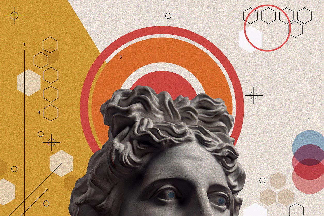 top part of face of Apollo sculpture, numbers, and geometric shapes