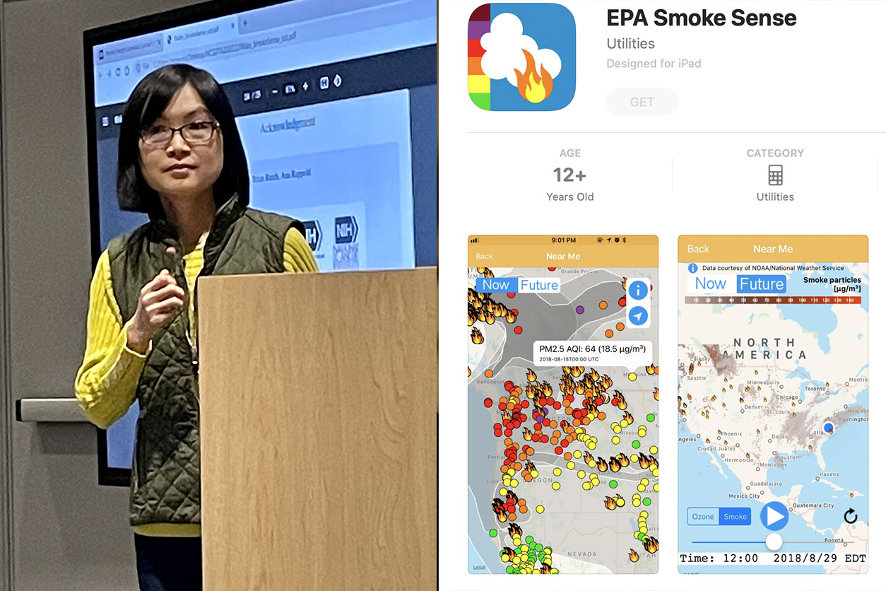 Shu Yang, Ph.D., and a photo of the EPA Smoke Sense app