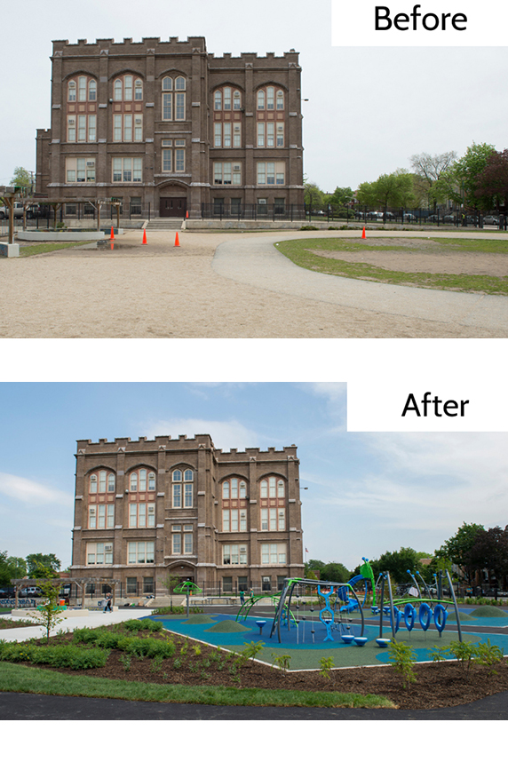 Nathan S. Davis Elementary School in Chicago before (left) and after (right) implementation of green infrastructure technology