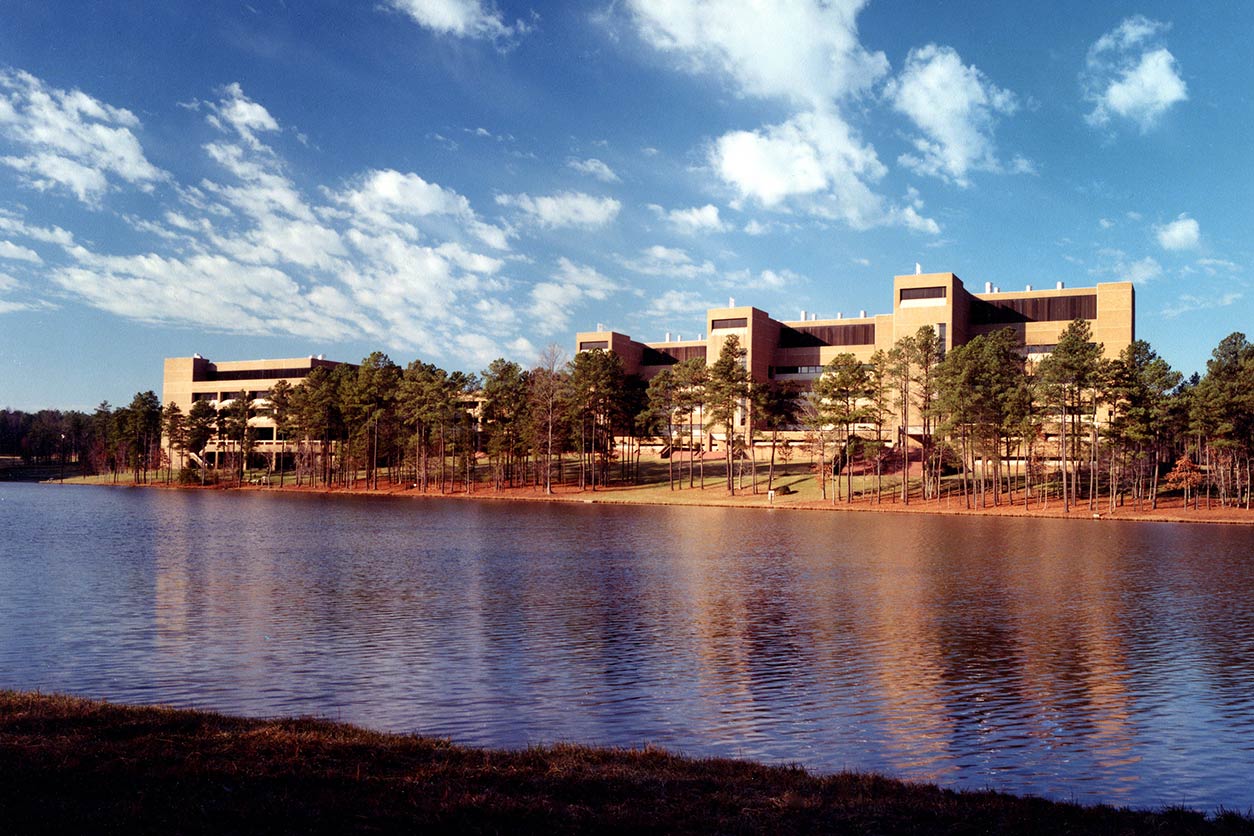 View of NIEHS facilities across Discovery Lake