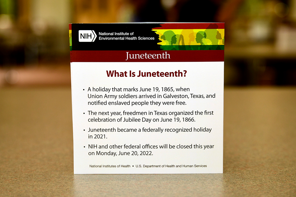 Table tents were placed in the cafeteria explaining the history of Juneteenth, highlighting the event’s lunch menu items, and advertising the Juneteenth lecture