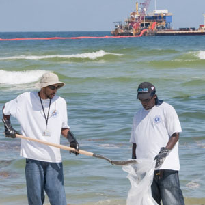 Workers cleaning up beach after oil spill