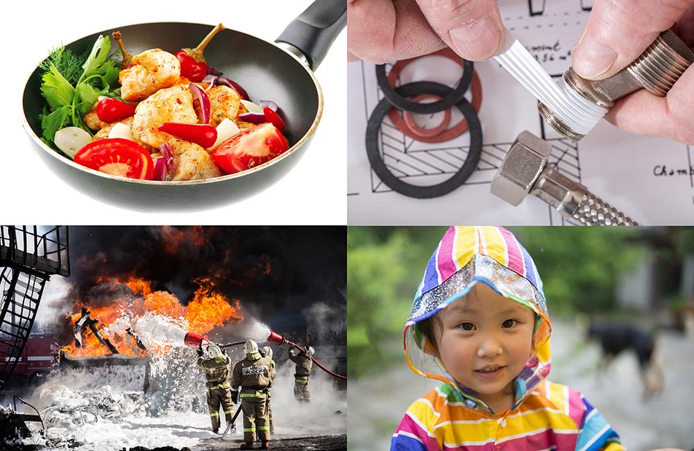 four images including a pan with food in it, fingers wrapping tape around a thread, young child, firefighters fighting a fire