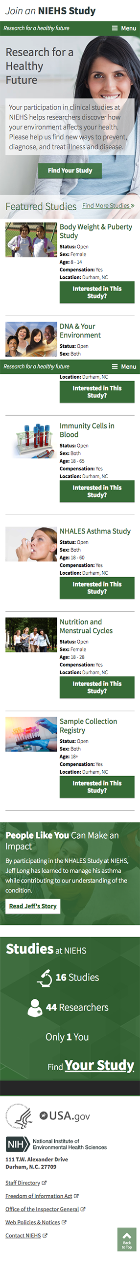 Join an NIEHS Study website mobile view
