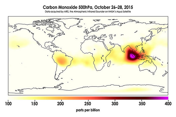 Aqua (see sidebar) collects data such as that portrayed in this image of 3-day average global concentrations of carbon monoxide at approximately 18,000 feet, or 5,500 meters, altitude.
