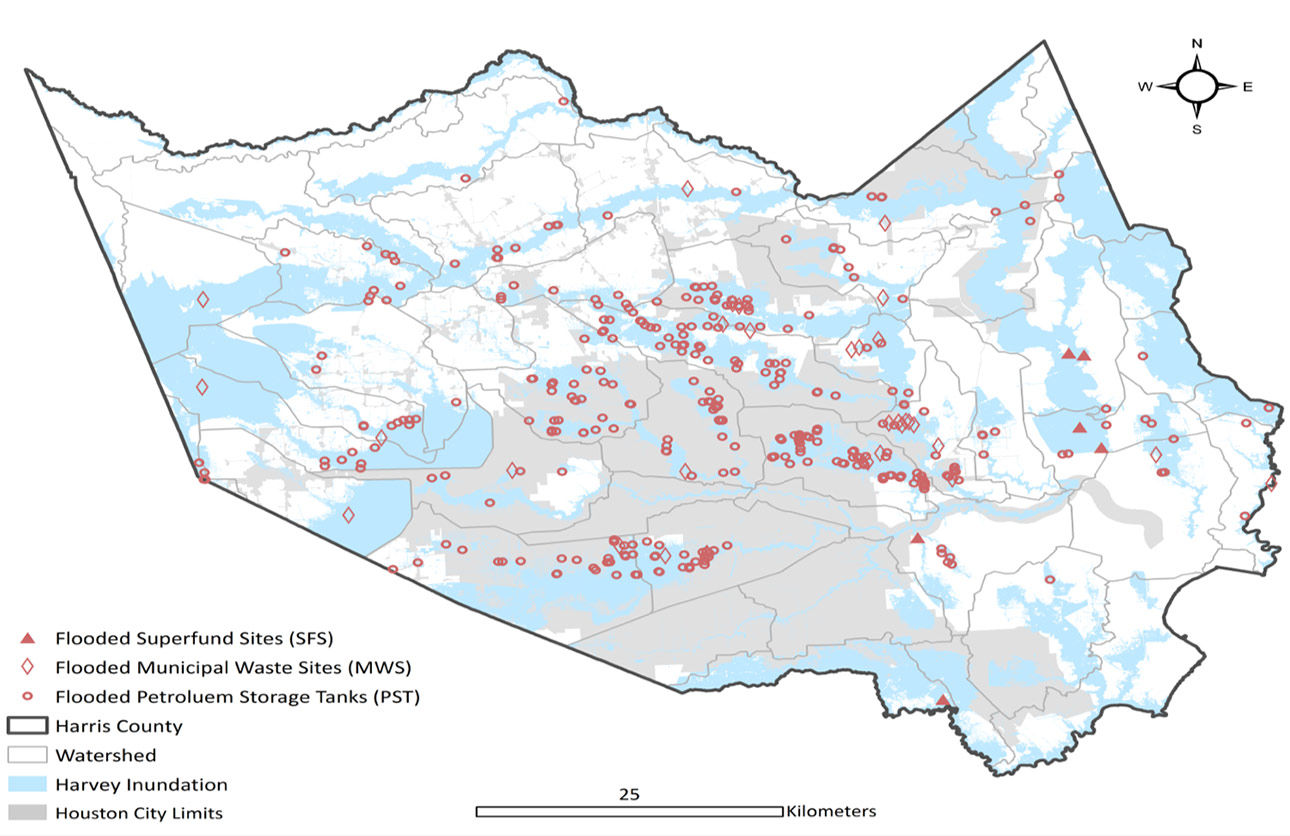 map of flooded areas and waste/chemical sites in Harris County, TX