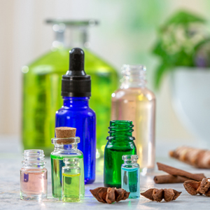 Botanical dietary supplements and essential oils in glass jars