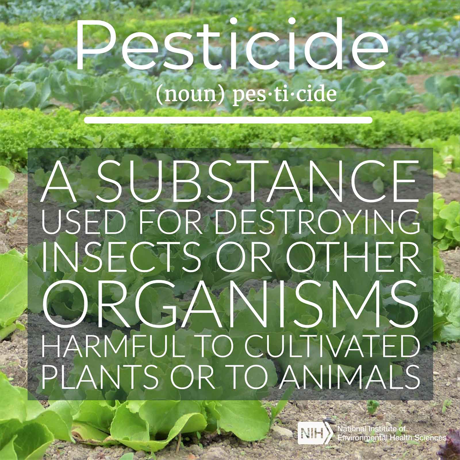 Pesticide (noun) described as a substance used for destroying insects or other organisms harmful to cultivated plants or to animals