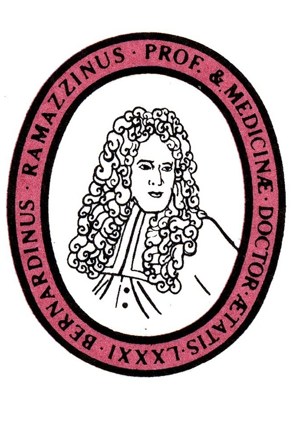 Collegium Ramazzini's crest which features features the likeness of its namesake Bernardino Ramazzini