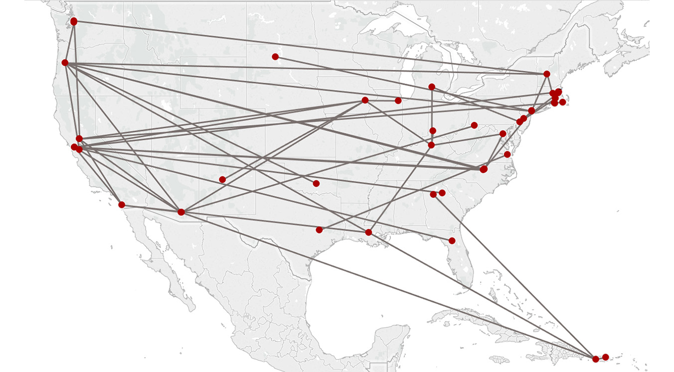 Plots on a map where K.C. Donnelly externship award recipients are located.