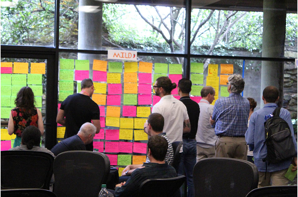 Participants brainstroming with sticky notes on window