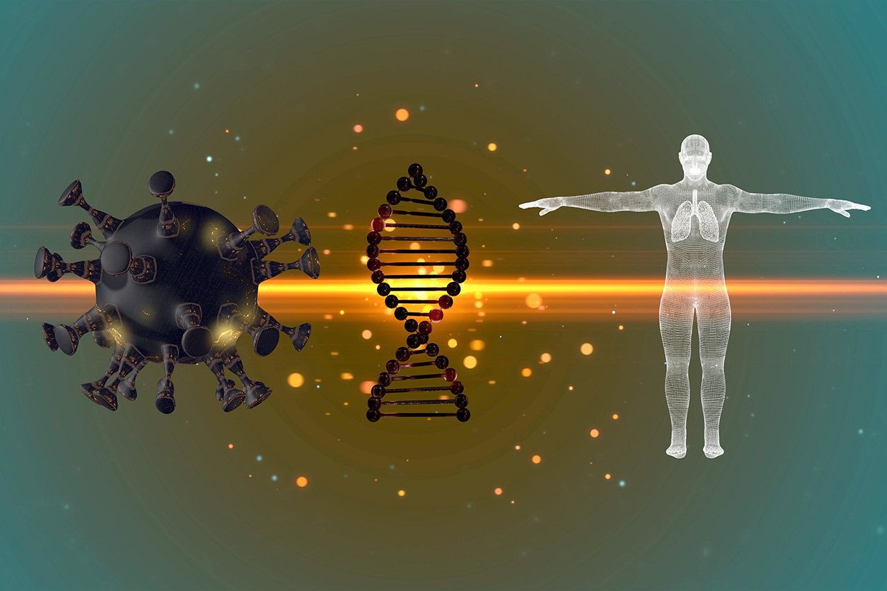 COVID-19 particle, DNA strand, and human body with arms outstretched