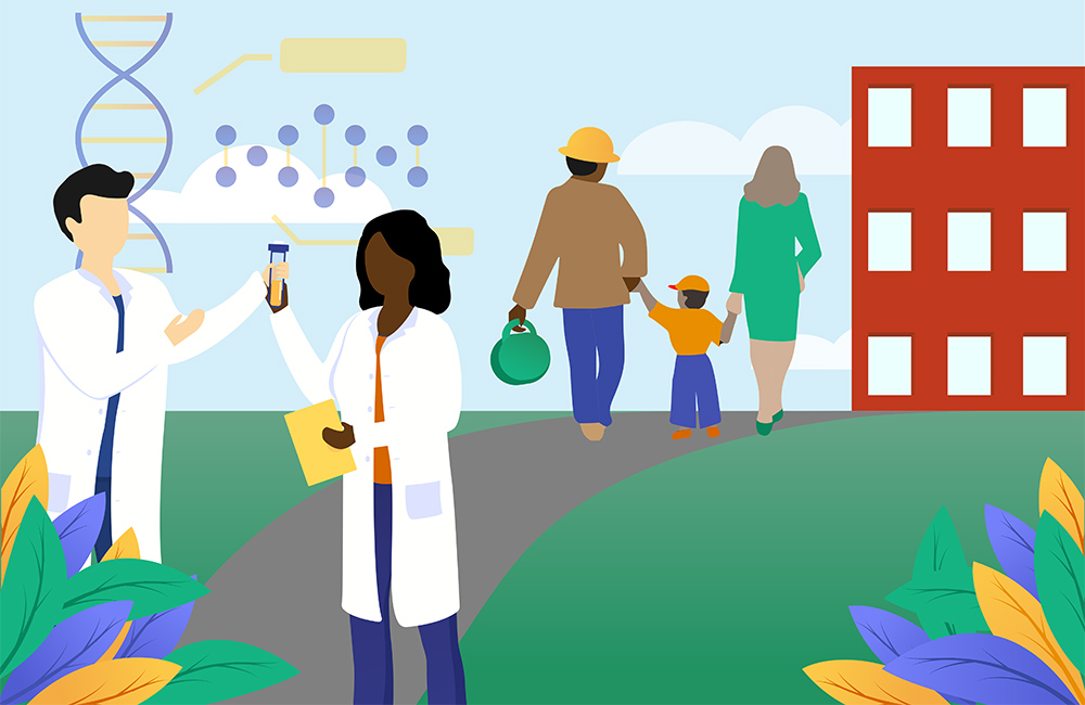 illustration showing scientists, DNA, families, and the environment