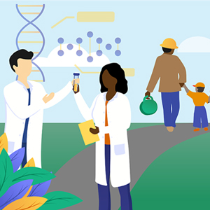 illustration showing scientists, DNA, families, and the environment