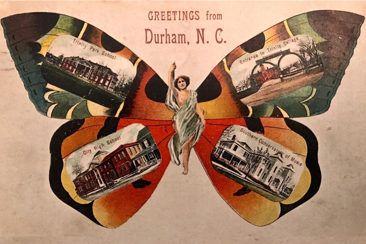 Greetings from Durham, NC postcard with a butterfly image, old postcards in the wings, and a woman in a toga in the center