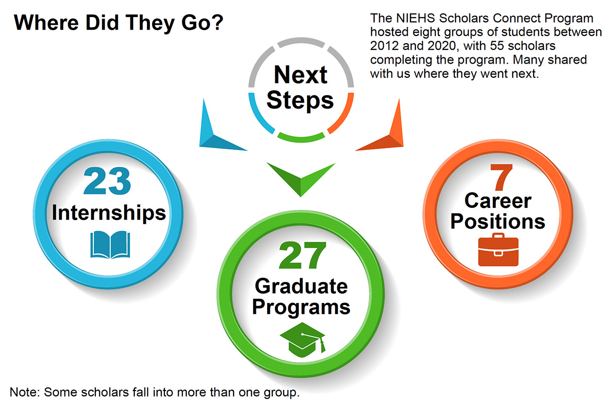 The NIEHS Scholars Connect Program hosted eight groups of students between 2012 and 2020, with 55 scholars completing the program. Many shared with us where they went next. Where Did They Go? Next Steps, 23 internships, 27 graduate programs, 7 career positions. Note: Some scholars fall into more than one group.
