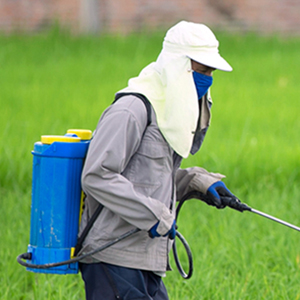 person spraying pesticide wearing protection equipment