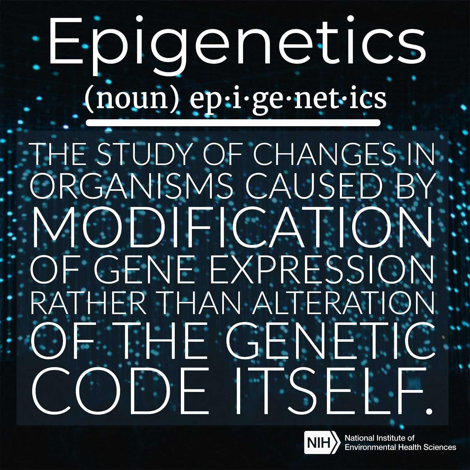 Epigenetics (noun) described as the study of changes in organisms caused by modification of gene expression rather than alteration of the genetic code itself.