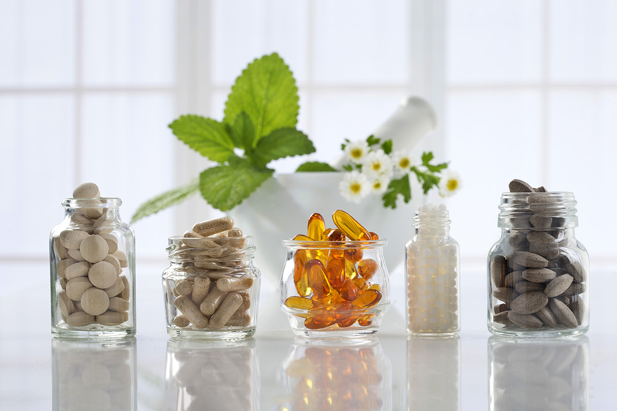 Botanical supplements in glass jars