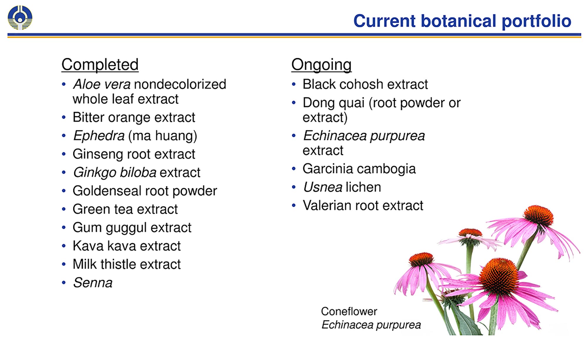 list of completed and ongoing NTP current botanical portfolio and purple coneflower in corner