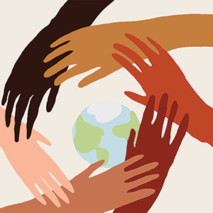 Illustration of hands with different skin color holding each other forming a circle over the globe