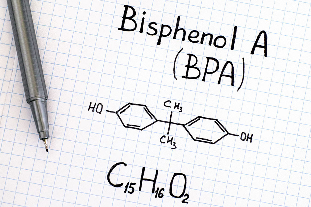 Bisphenol A (BPA) chemical formula C15H16O2 and a pen