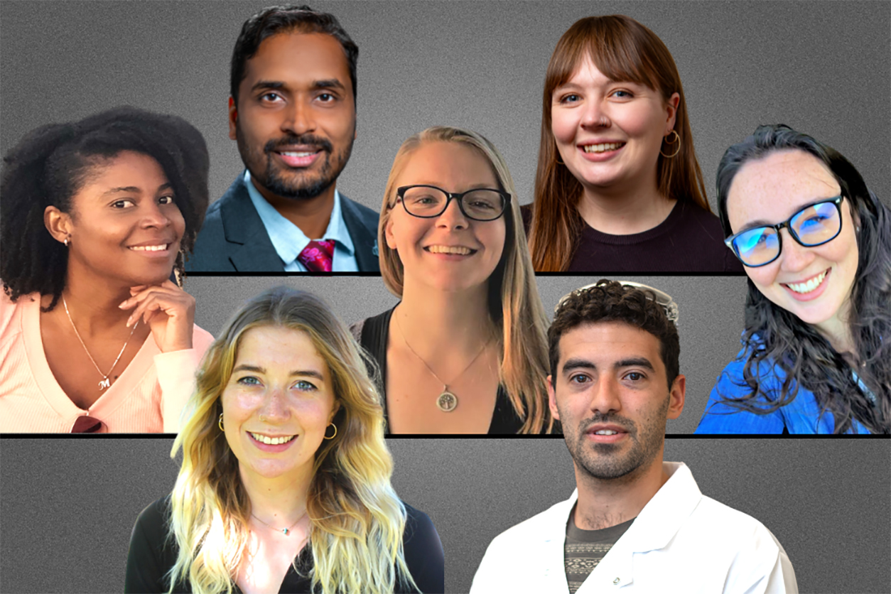 Top row, from left: Avinash Kumar, Ph.D., and Rebecca Dickman. Middle row, from left: Martine Mathieu, Charlotte Wirth, and Laura Dean, Ph.D. Bottom row, from left: Melissa Woodward and Francisco Leniz.