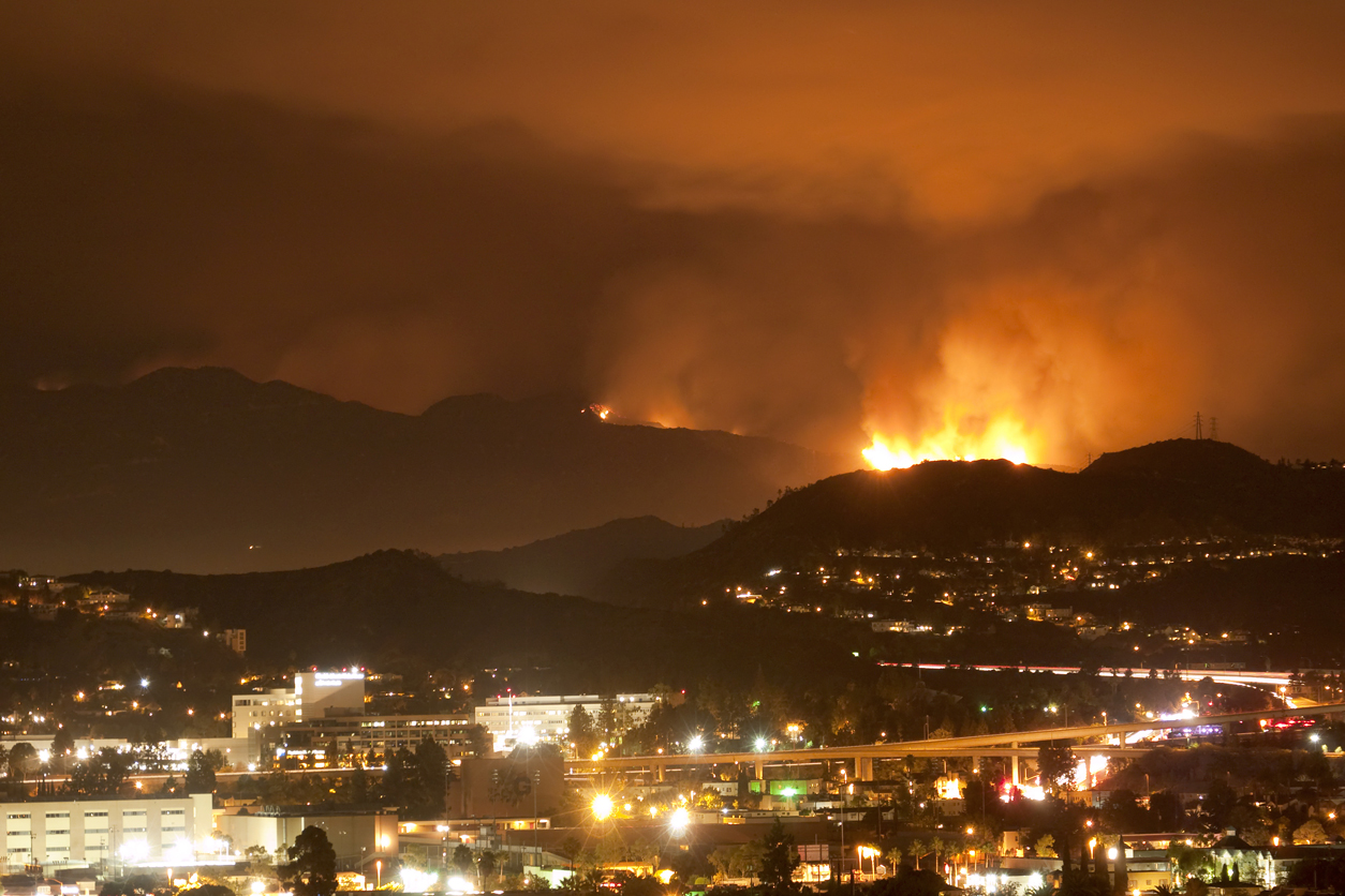 A wildfire burns in Los Angeles, California