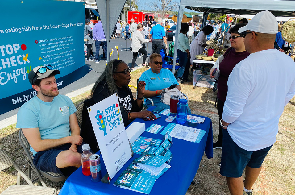 The Duke SRP CEC and collaborators Deborah Maxwell and Veronica Carter attended the North Carolina Rice festival in Leland, North Carolina to promote the Stop, Check, Enjoy! outreach campaign