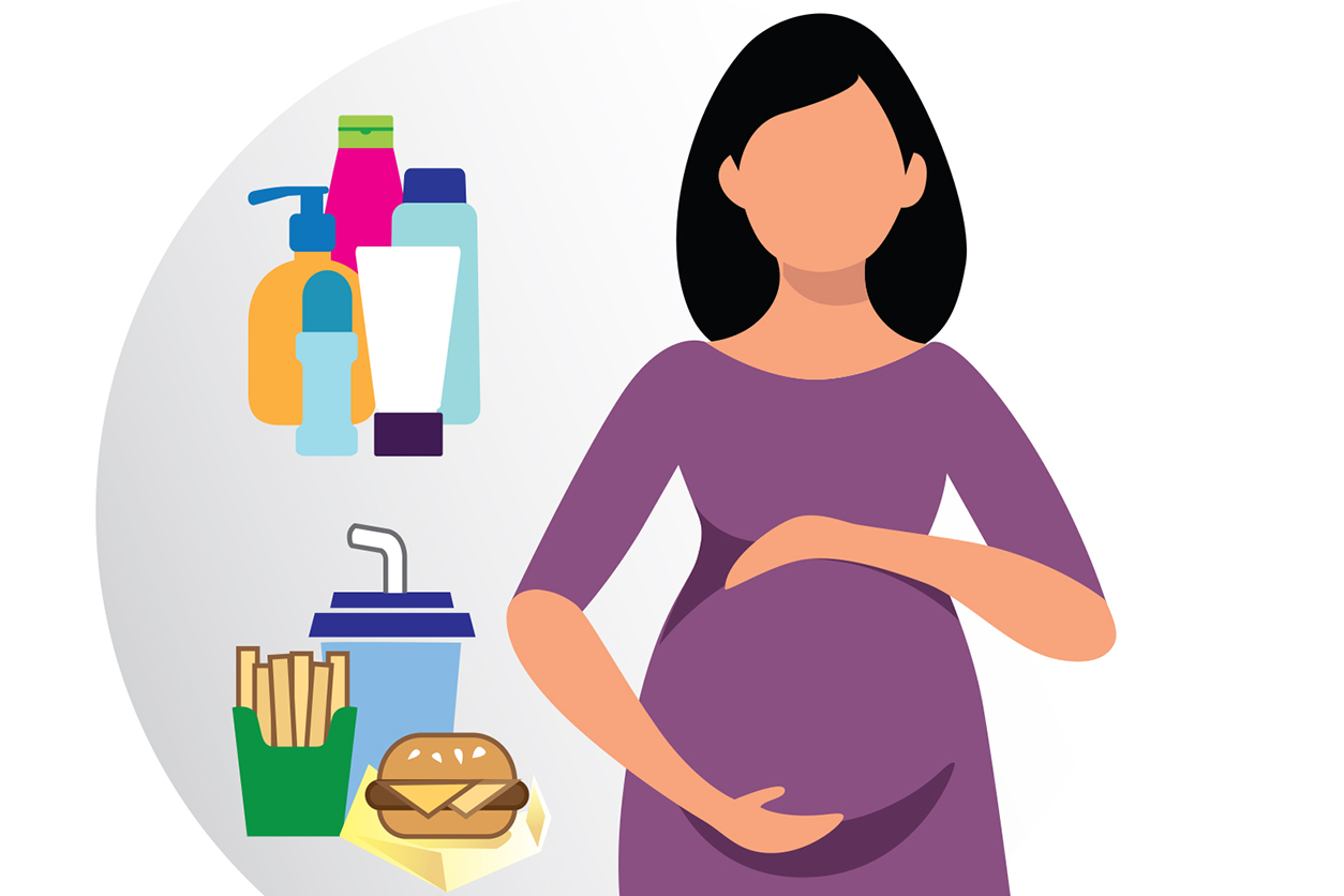 This image shows how a pregnant person may be exposed to phthalates by eating packaged foods and beverages or through use of some personal care products.