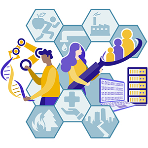 Illustration showing woman holding large magnifying glass and man manipulating dna