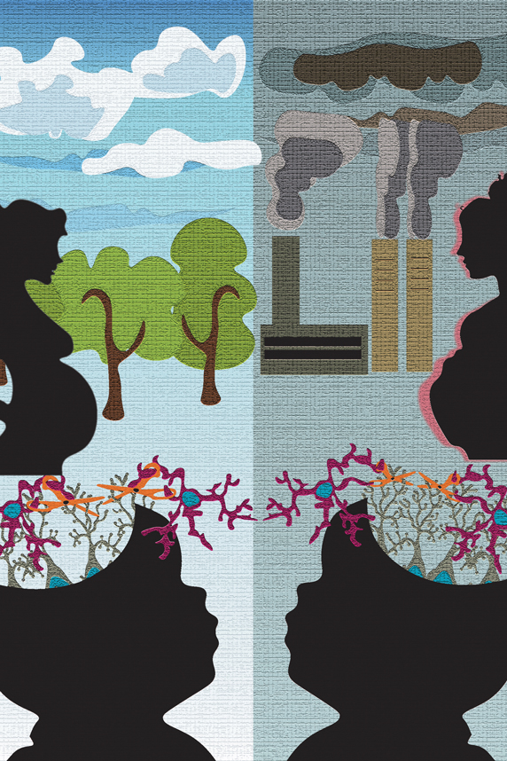 Illustration of two women exposed to environmental and housing stress above two images of children.