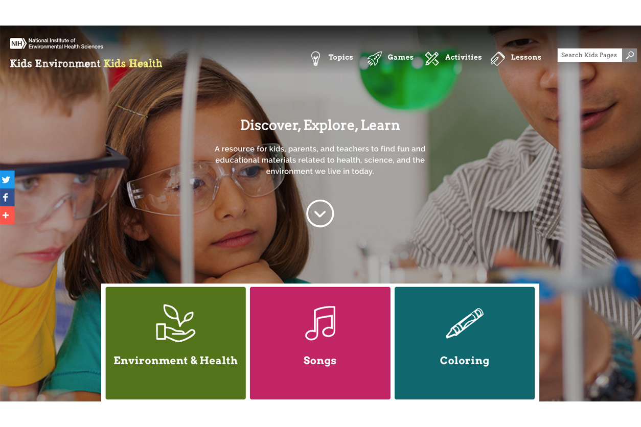 screenshot of NIEHS website with kids viewing a science experiment