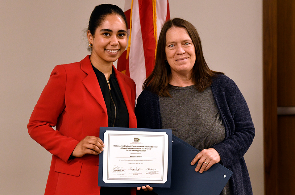 NSCP scholar Ameena Hester, left, and Christine Parks, Ph.D., a staff scientist in the Chronic Disease Epidemiology Group, right.