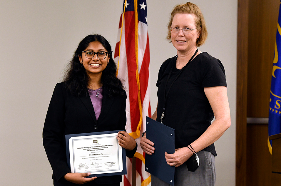 NSCP scholar Sahana Ramamurthy, left, and Ann Von Holle, Ph.D., a postdoctoral fellow in the Biostatistics and Computational Biology Branch, right.