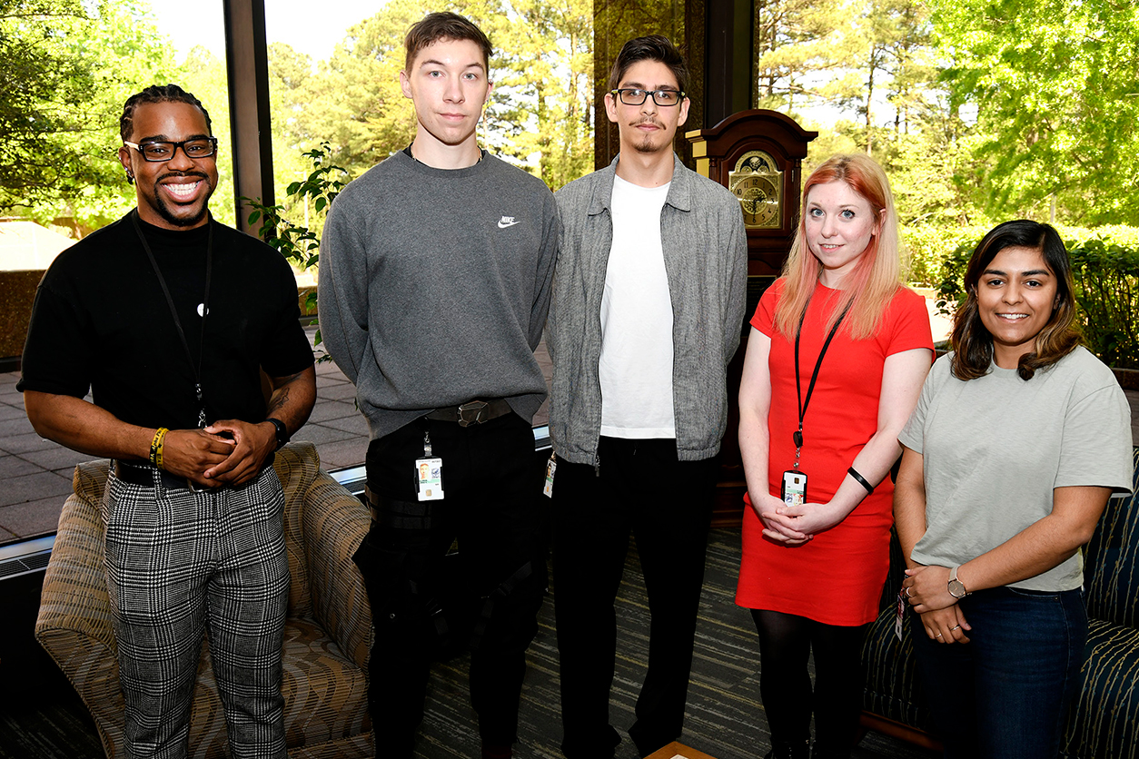 NIEHS postbaccalaureate fellows (left to right) Joshua Lewis, Jared Glorius, Elvis Quiroz, Molly Rogers, and Oindrila Paul