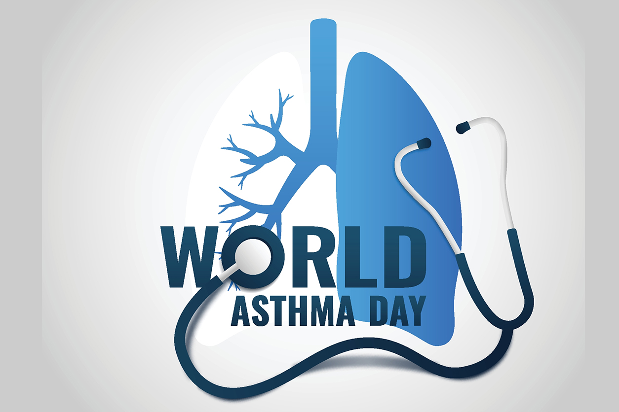 World Asthma Day logo, lungs with stethoscope